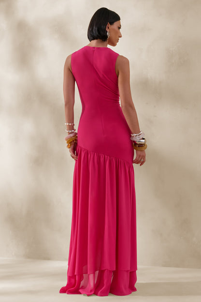 Noelia | Vestido Largo Fucsia De Jersey Con Cuello Racer Y Bajo Asimétrico