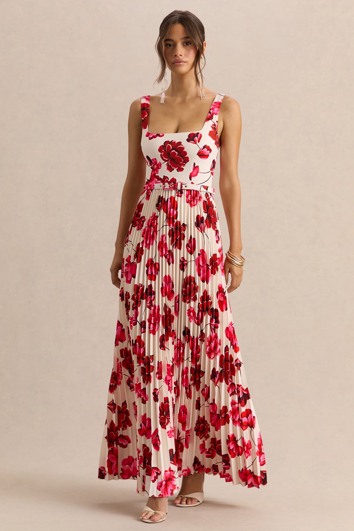 Danika | Vestido Largo Rosa intenso Estampado Floral de Escote Cuadrado con Cinturón con Falda Plisada