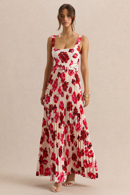 Danika | Vestido Largo Rosa intenso Estampado Floral de Escote Cuadrado con Cinturón con Falda Plisada