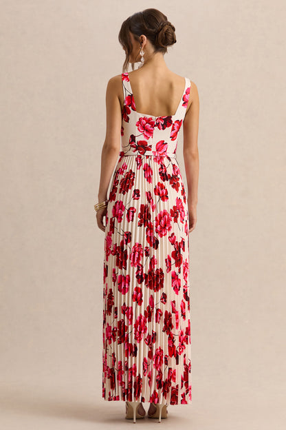 Danika | Vestido Largo Rosa intenso Estampado Floral de Escote Cuadrado con Cinturón con Falda Plisada