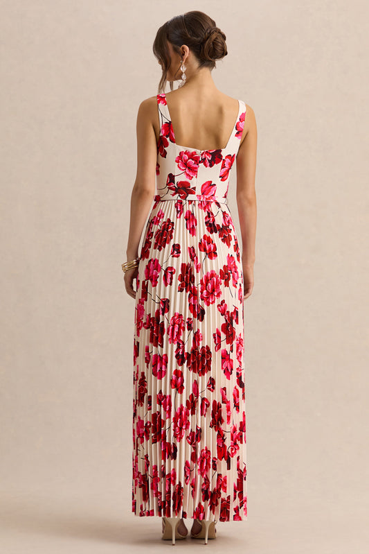 Danika | Vestido Largo Rosa intenso Estampado Floral de Escote Cuadrado con Cinturón con Falda Plisada
