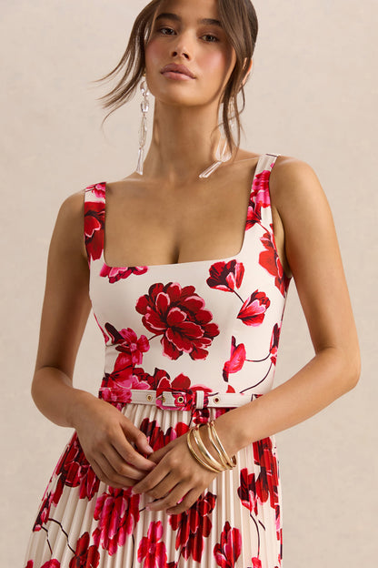 Danika | Vestido Largo Rosa intenso Estampado Floral de Escote Cuadrado con Cinturón con Falda Plisada