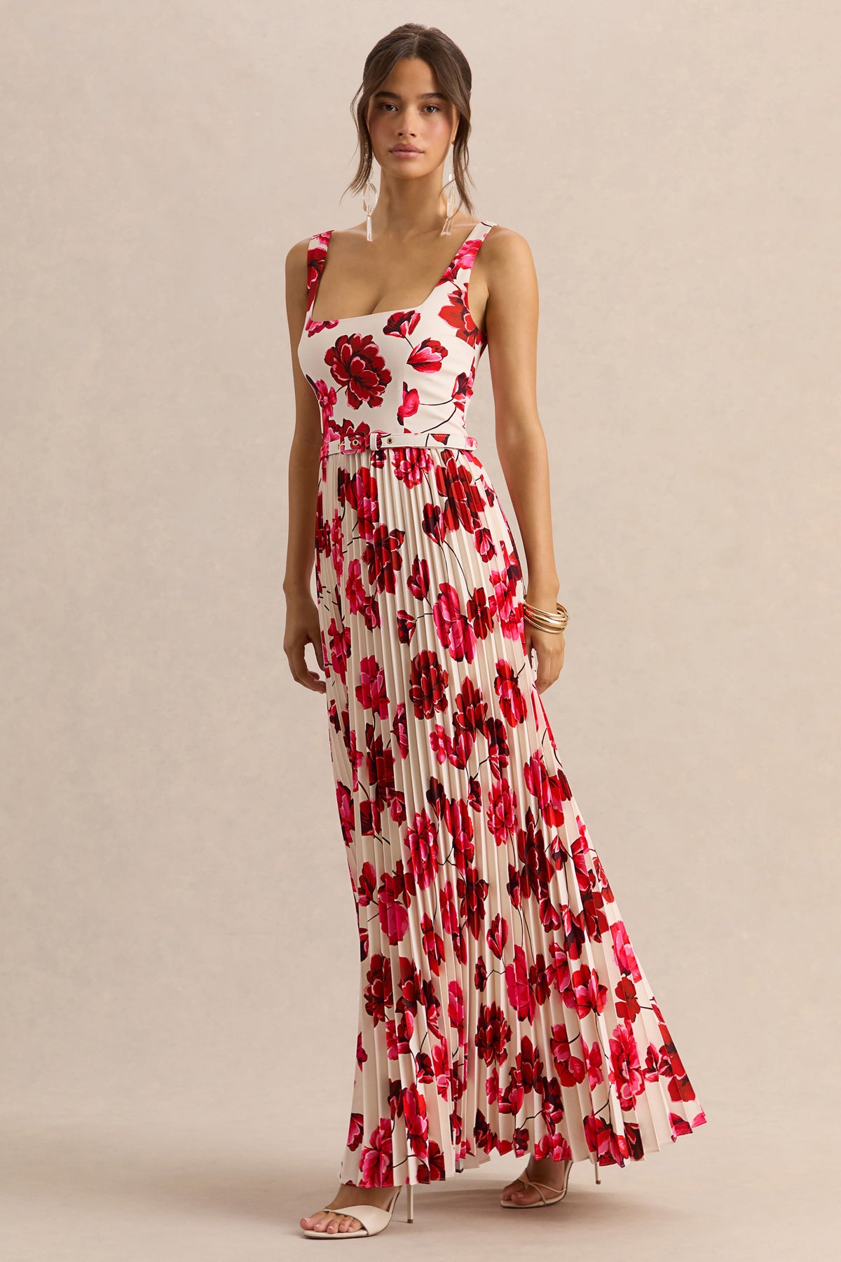 Danika | Vestido Largo Rosa intenso Estampado Floral de Escote Cuadrado con Cinturón con Falda Plisada