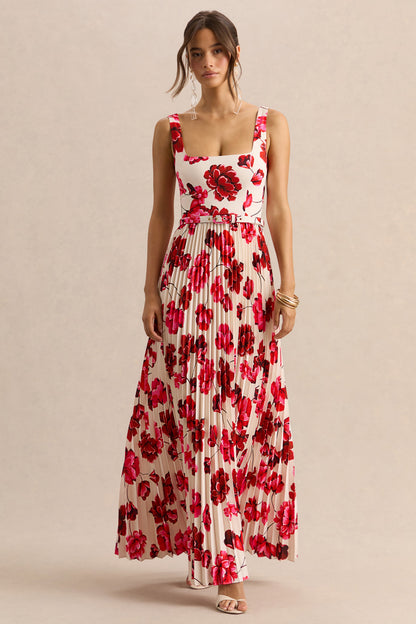 Danika | Vestido Largo Rosa intenso Estampado Floral de Escote Cuadrado con Cinturón con Falda Plisada
