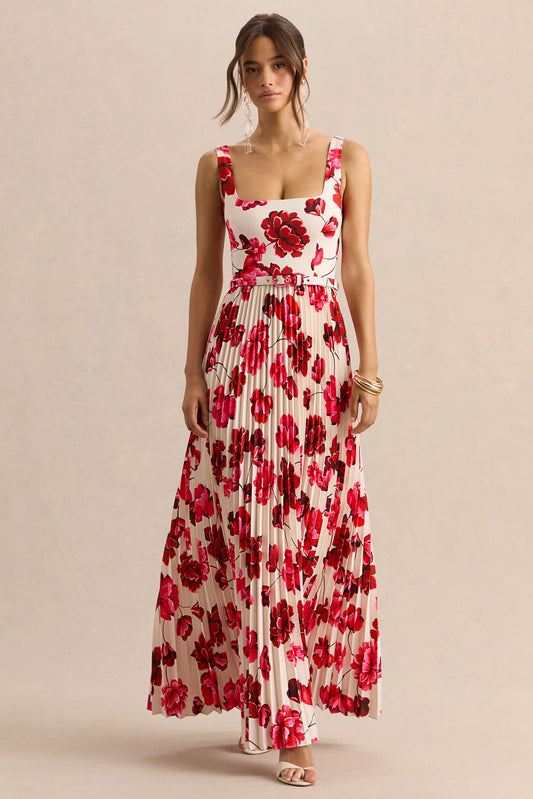 Danika | Vestido Largo Rosa intenso Estampado Floral de Escote Cuadrado con Cinturón con Falda Plisada