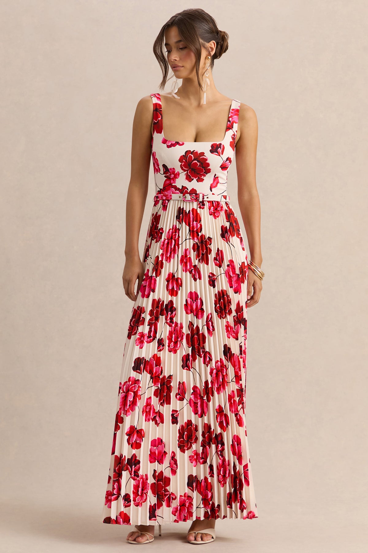 Danika | Vestido Largo Rosa intenso Estampado Floral de Escote Cuadrado con Cinturón con Falda Plisada