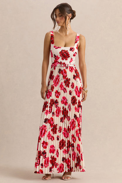 Danika | Vestido Largo Rosa intenso Estampado Floral de Escote Cuadrado con Cinturón con Falda Plisada