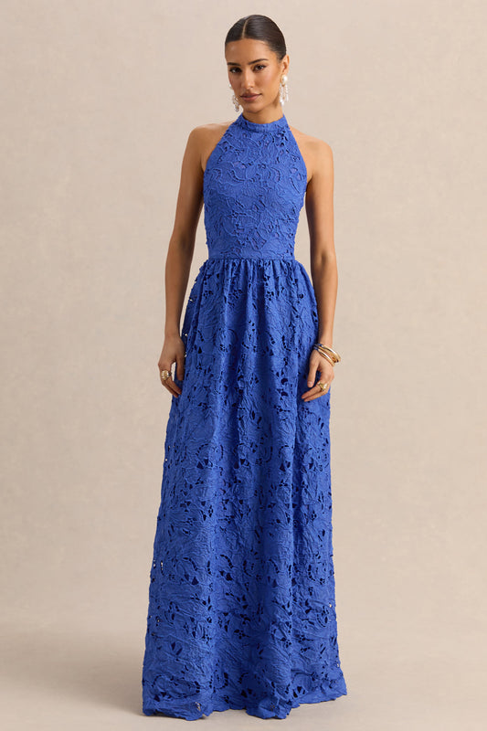 Indiana | Vestido Largo Azul oscuro de Broderie Anglaise con Escote Halter