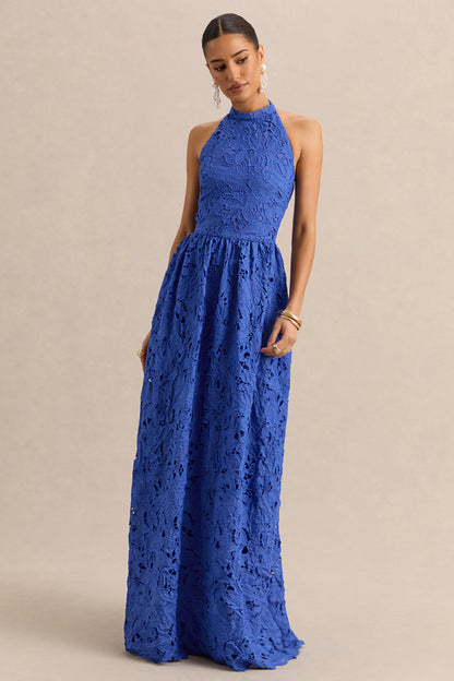 Indiana | Vestido Largo Azul oscuro de Broderie Anglaise con Escote Halter