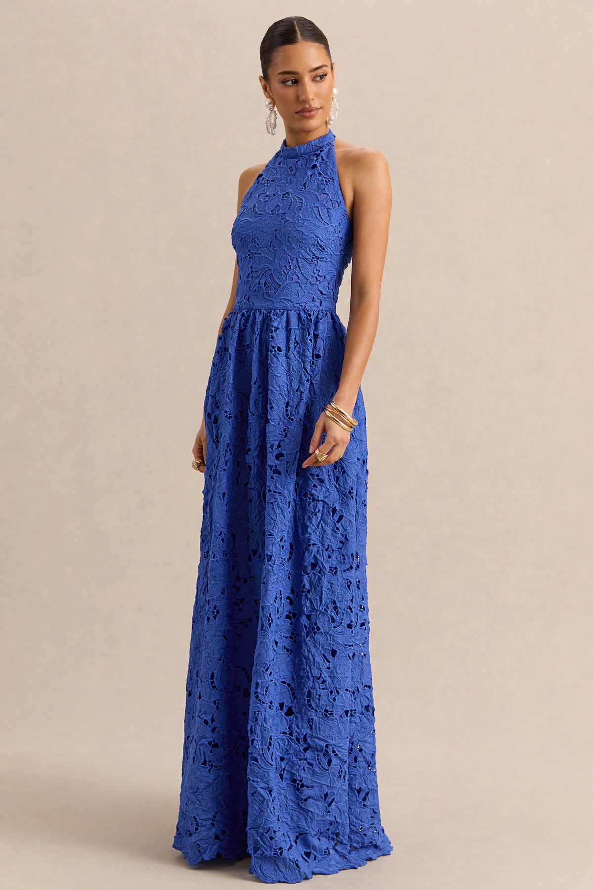 Indiana | Vestido Largo Azul oscuro de Broderie Anglaise con Escote Halter