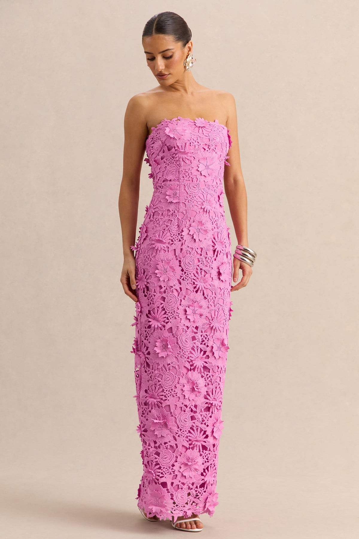 Gracie | Vestido Largo Rosa de Encaje Bandeau