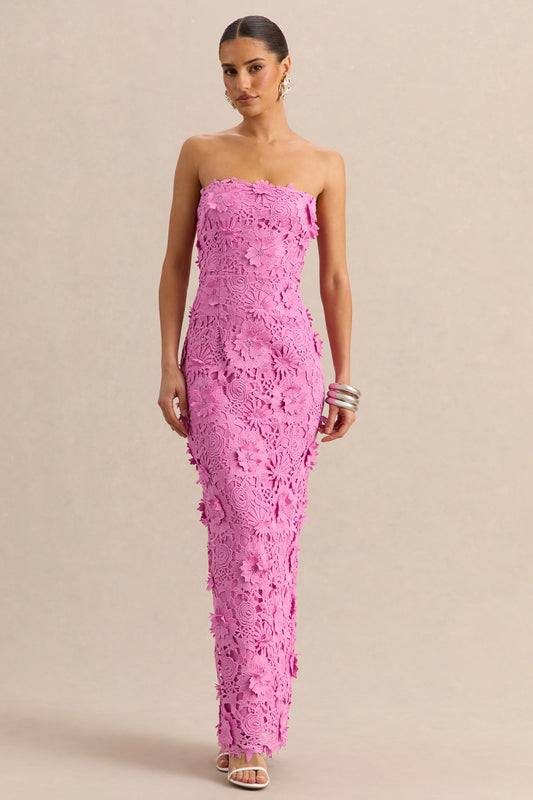 Gracie | Vestido Largo Rosa de Encaje Bandeau