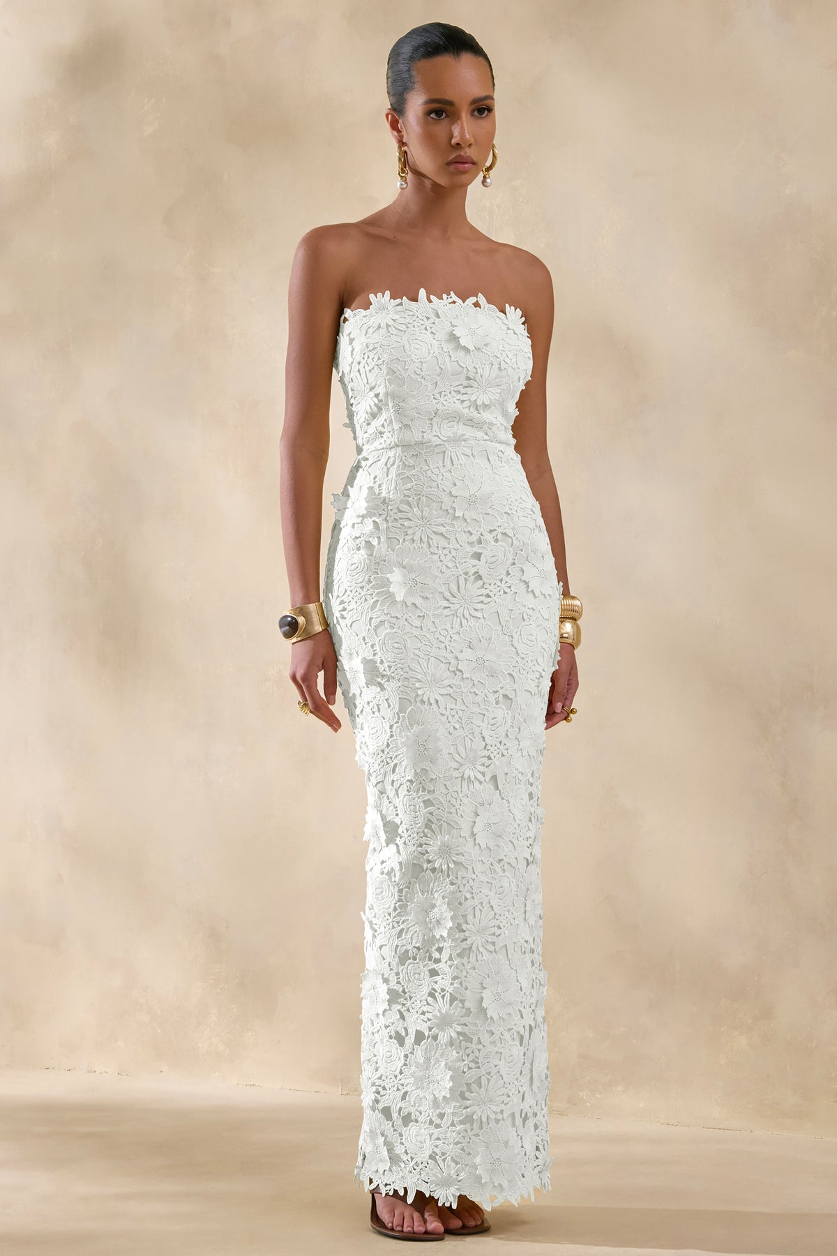 Gracie | Vestido Maxi Blanco De Encaje Con Escote Bandeau