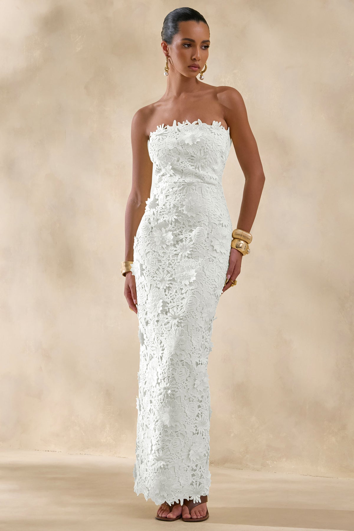 Gracie | Vestido Maxi Blanco De Encaje Con Escote Bandeau