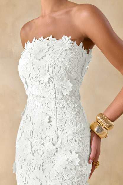Gracie | Vestido Maxi Blanco De Encaje Con Escote Bandeau