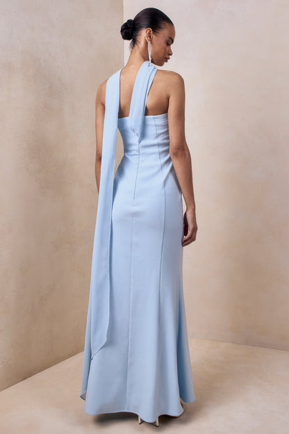 Nerissa | Vestido Largo Azul Claro Tipo Bandeau con fular