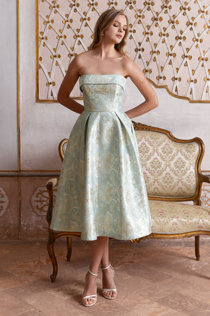Tori | Vestido Midi Skater de Jacquard Azul con Escote Bandeau