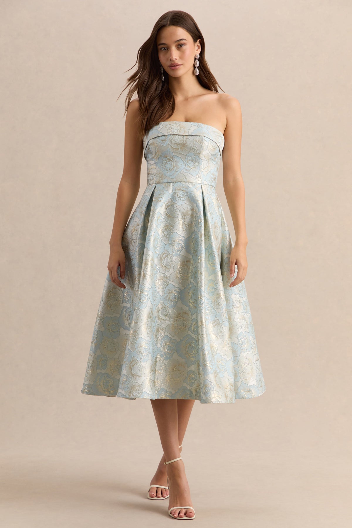 Tori | Vestido Midi Skater de Jacquard Azul con Escote Bandeau