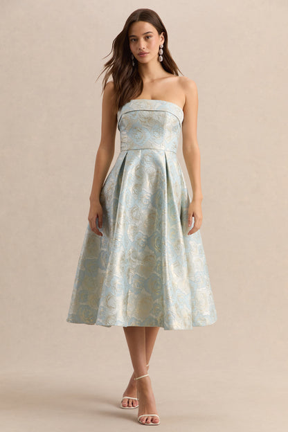 Tori | Vestido Midi Skater de Jacquard Azul con Escote Bandeau