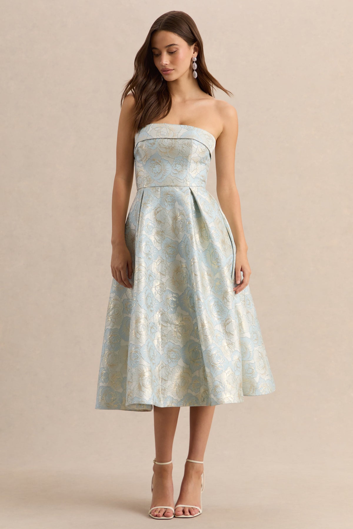 Tori | Vestido Midi Skater de Jacquard Azul con Escote Bandeau