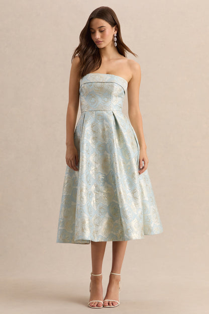 Tori | Vestido Midi Skater de Jacquard Azul con Escote Bandeau