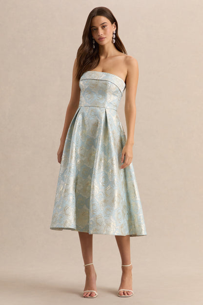 Tori | Vestido Midi Skater de Jacquard Azul con Escote Bandeau