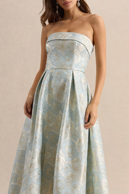 Tori | Vestido Midi Skater de Jacquard Azul con Escote Bandeau