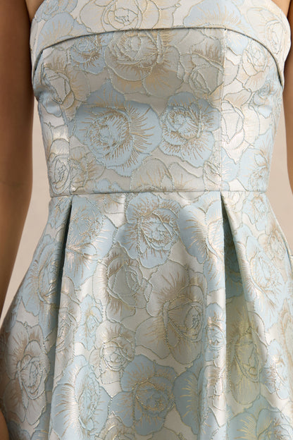 Tori | Vestido Midi Skater de Jacquard Azul con Escote Bandeau