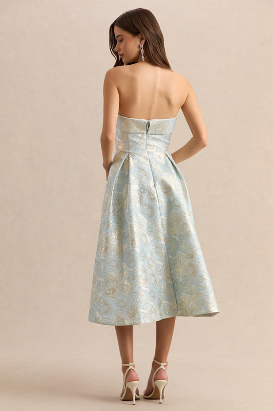 Tori | Vestido Midi Skater de Jacquard Azul con Escote Bandeau