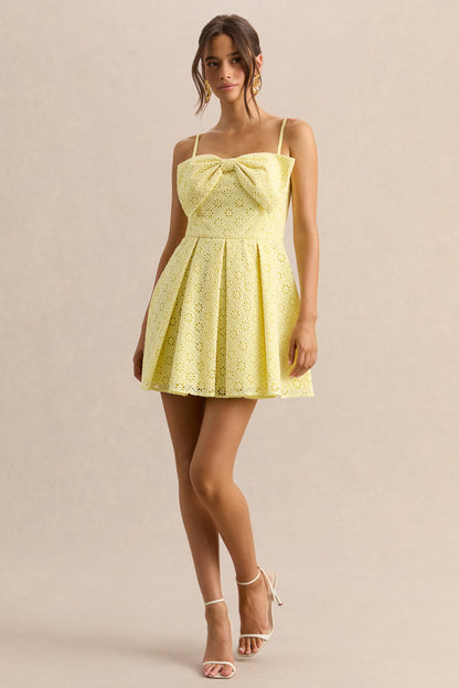 Elina | Vestido Corto Limón de Escote Cuadrado con Detalle de Lazo