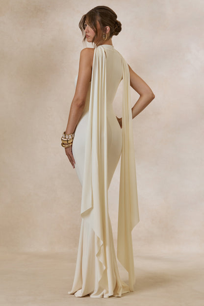 Cordy | Vestido Largo Crema Con Cuello Alto Y Capa