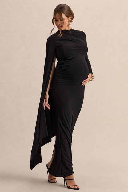 Lavinia | Vestido premamá midi negro con cuello alto y manga tipo capa