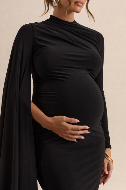 Lavinia | Vestido premamá midi negro con cuello alto y manga tipo capa
