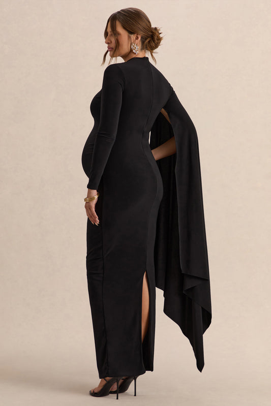 Lavinia | Vestido premamá midi negro con cuello alto y manga tipo capa