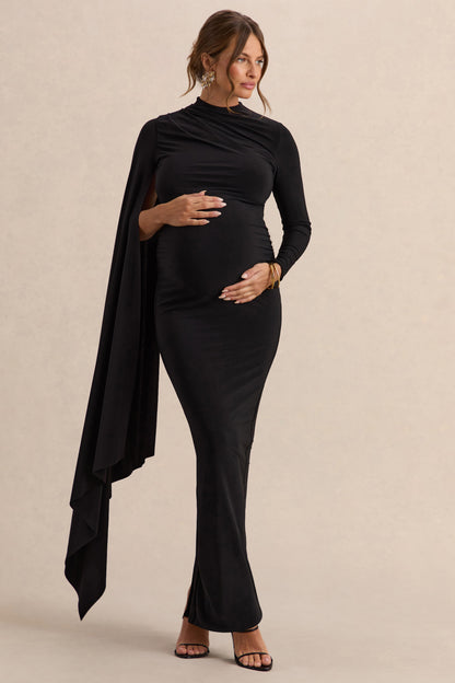 Lavinia | Vestido premamá midi negro con cuello alto y manga tipo capa