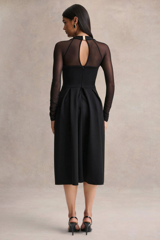 Melinda | Vestido midi negro de cuello cuadrado con detalles de malla