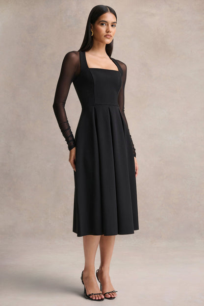 Melinda | Vestido midi negro de cuello cuadrado con detalles de malla