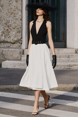 Alessa | Vestido Midi Entallado Blanco Y Negro Con Escote Plunge