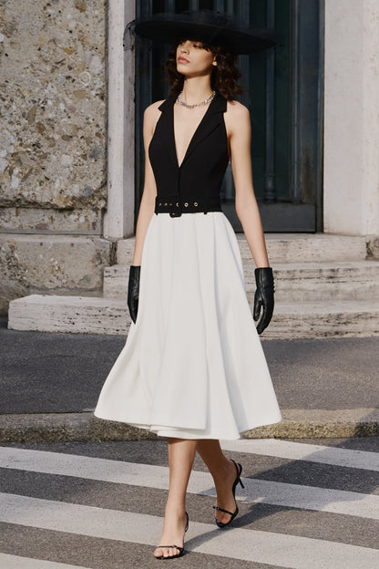 Alessa | Vestido Midi Entallado Blanco Y Negro Con Escote Plunge