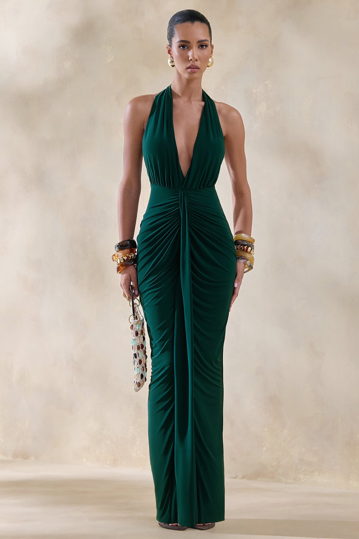 Lesley | Vestido Largo Verde Botella con Escote Pronunciado