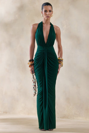 Lesley | Vestido Largo Verde Botella con Escote Pronunciado