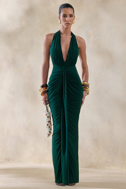 Lesley | Vestido Largo Verde Botella con Escote Pronunciado