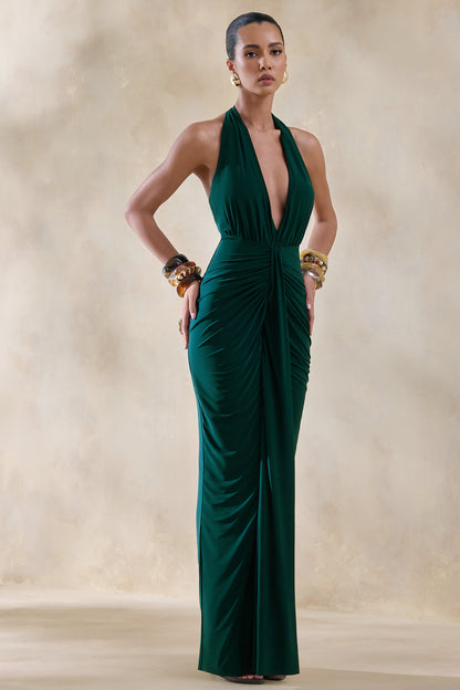 Lesley | Vestido Largo Verde Botella con Escote Pronunciado