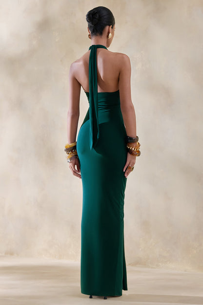 Lesley | Vestido Largo Verde Botella con Escote Pronunciado