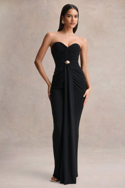Beverly | Vestido largo negro bandeau con detalle fruncido