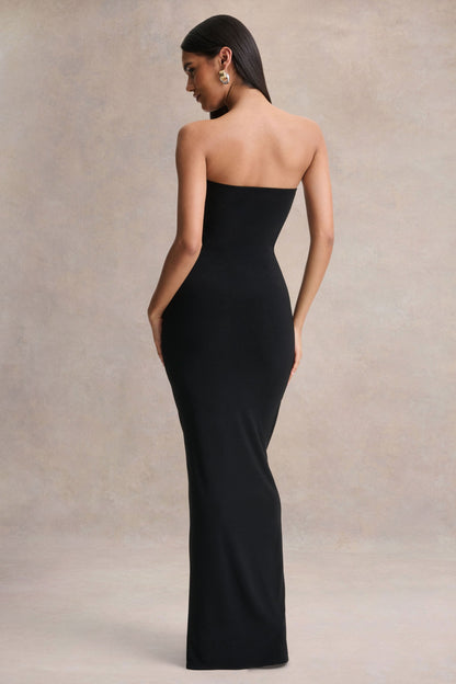 Beverly | Vestido largo negro bandeau con detalle fruncido
