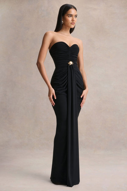 Beverly | Vestido largo negro bandeau con detalle fruncido