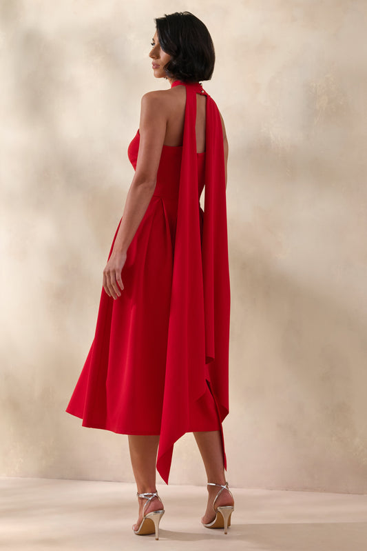 Rhode | Vestido midi rojo con escote halter