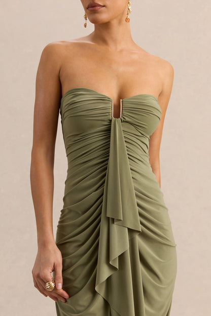 Chloe | Vestido Largo Verde Oliva Bandeau Con Detalle De Volantes