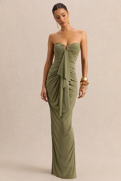 Chloe | Vestido Largo Verde Oliva Bandeau Con Detalle De Volantes
